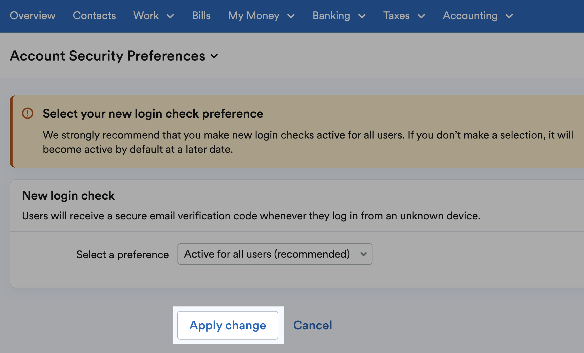 Apply change button highlighted to confirm the preference