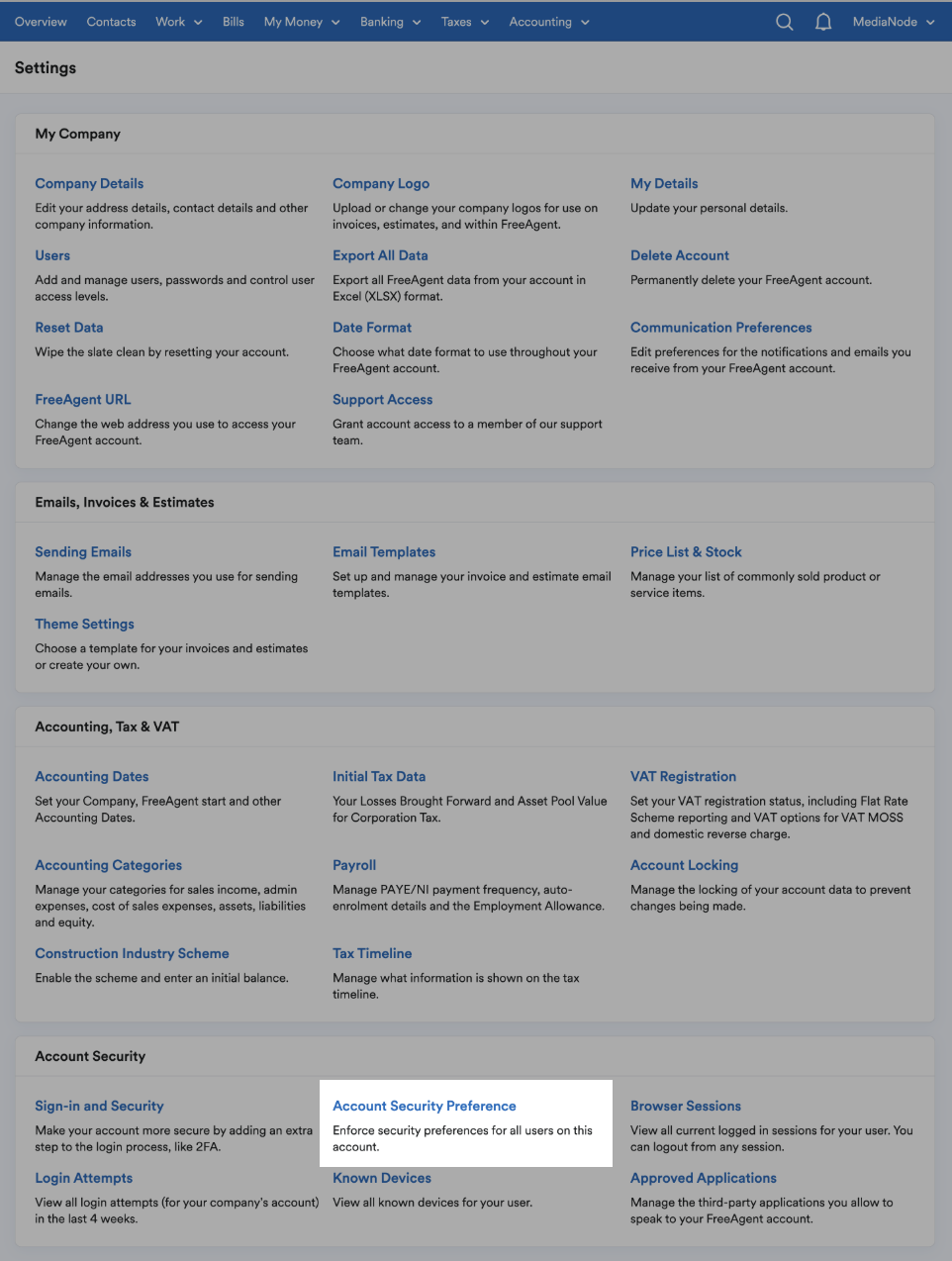 Settings area with account security preference highlighted