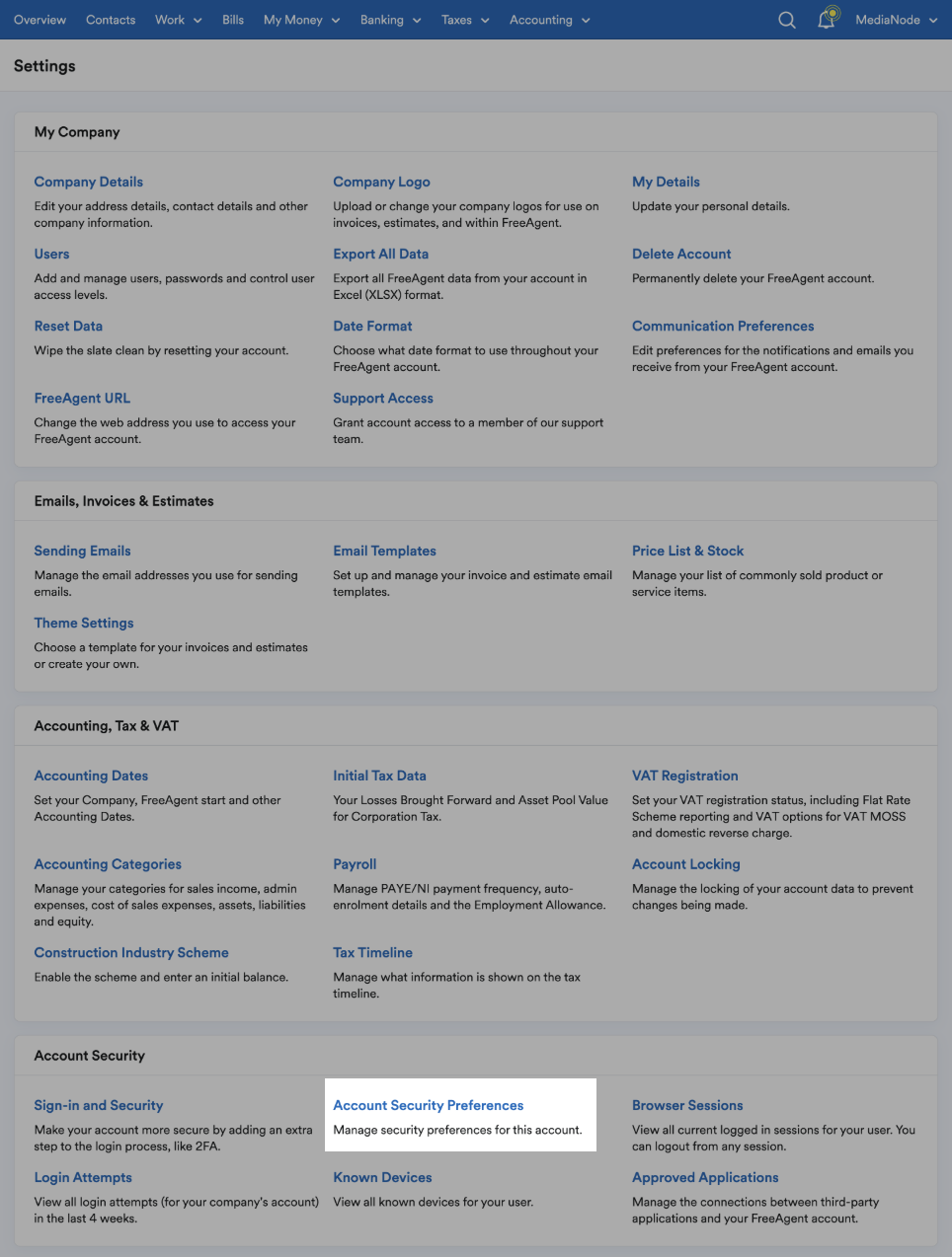 Settings area with account security preference highlighted