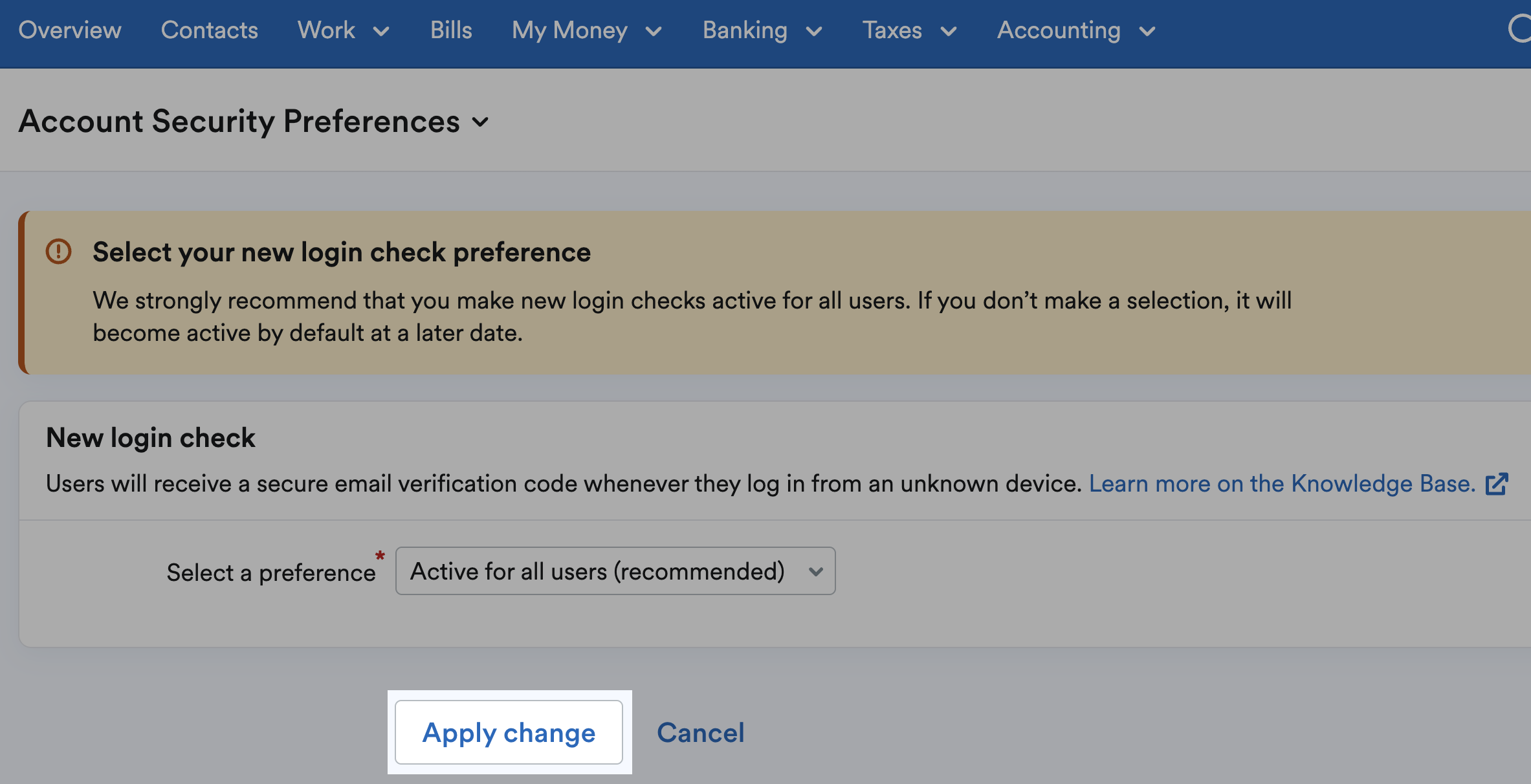 Apply change button highlighted to confirm the preference