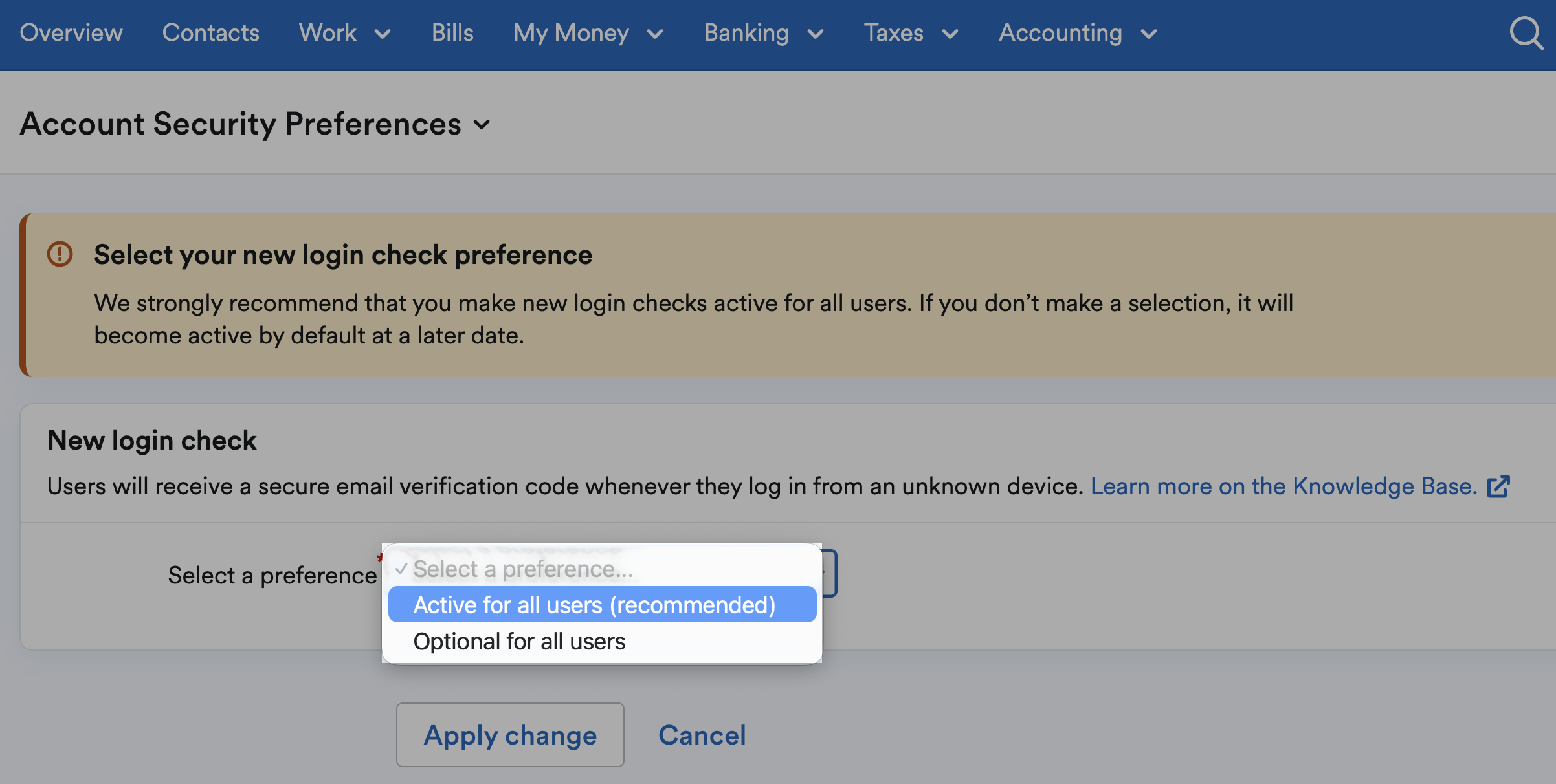 New login check preference options, optional for all users or active for all users