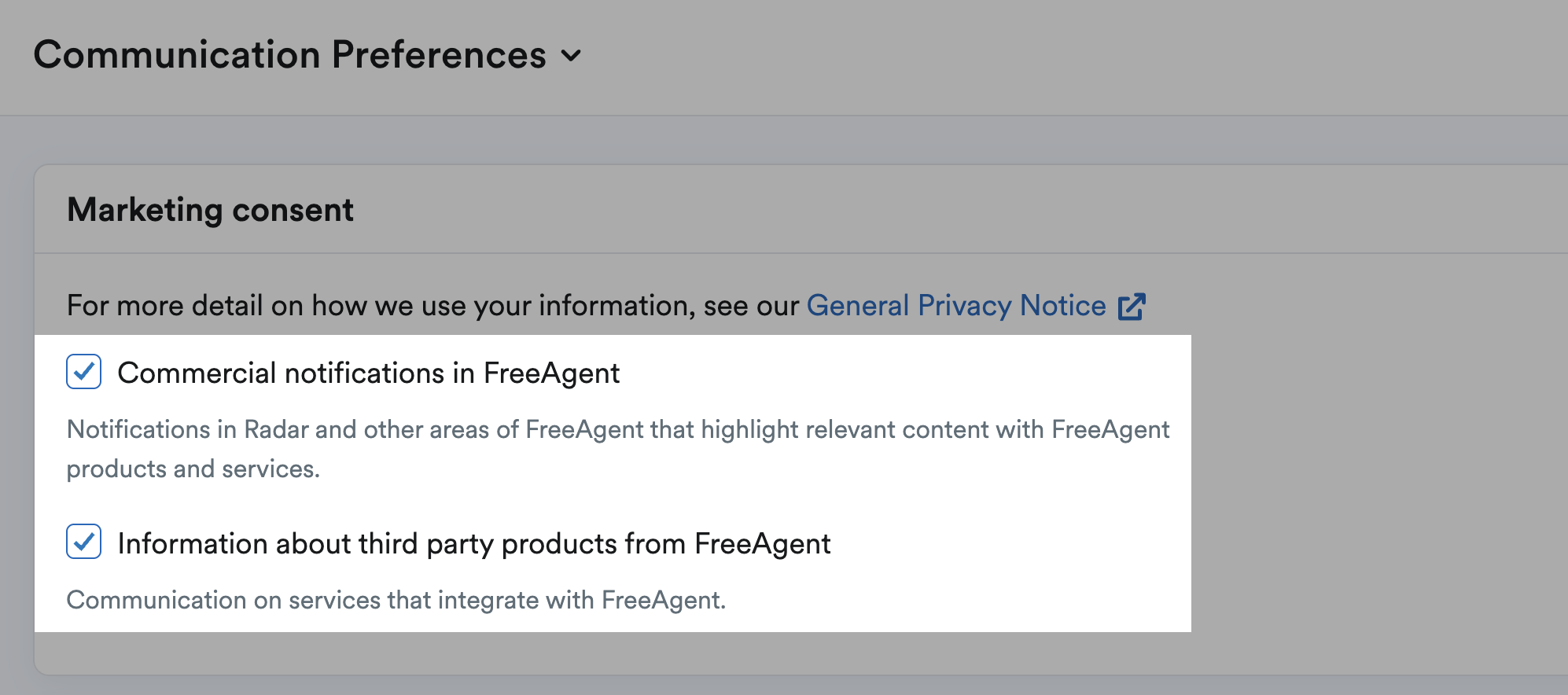 Options to enable commercial notifications and info about third party products