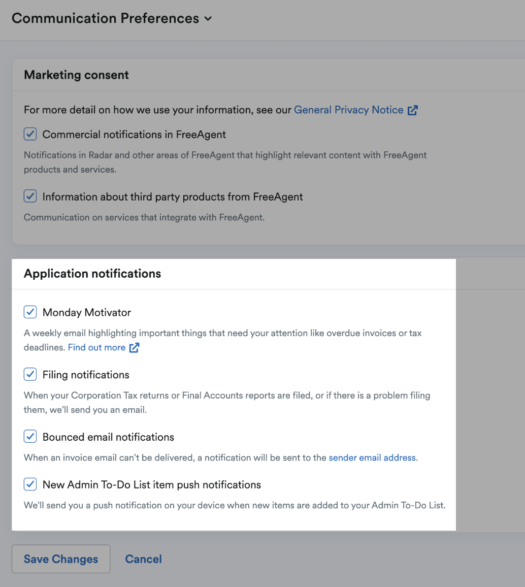 Application notifications section