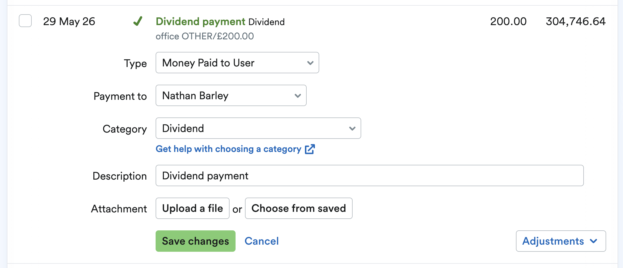Example of a bank transaction being explained as a dividend payment