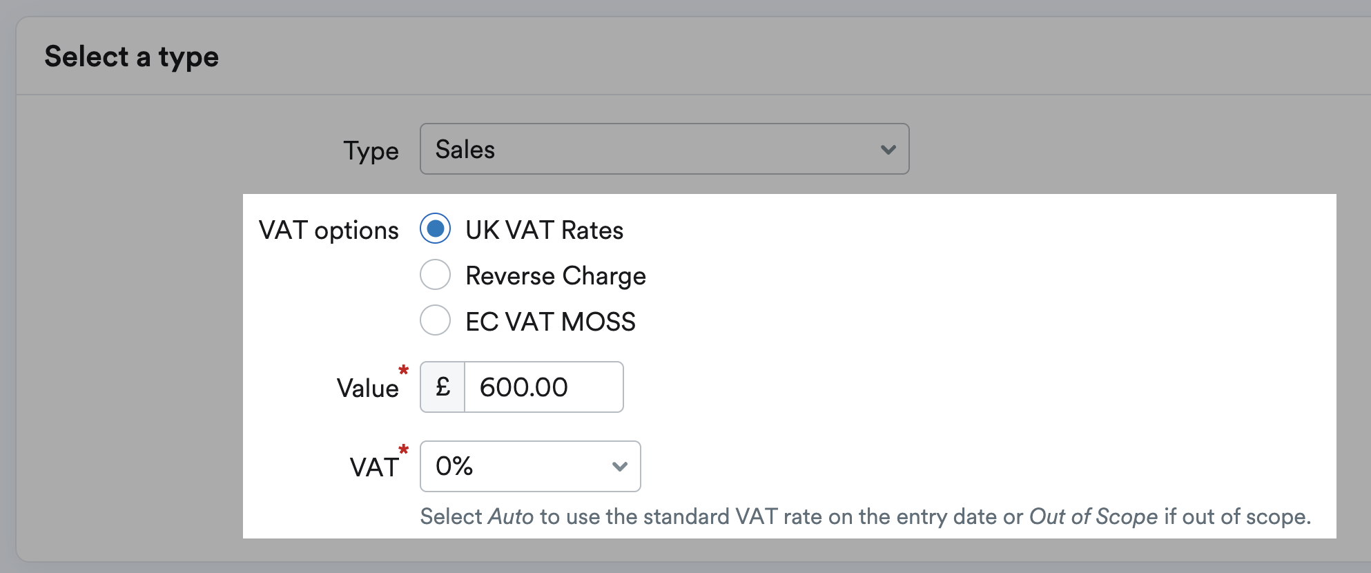UK VAT Rates and 0% VAT selected