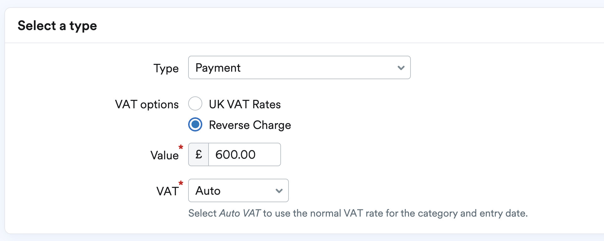 Payment selected as the Type and Reverse Charge from the VAT options