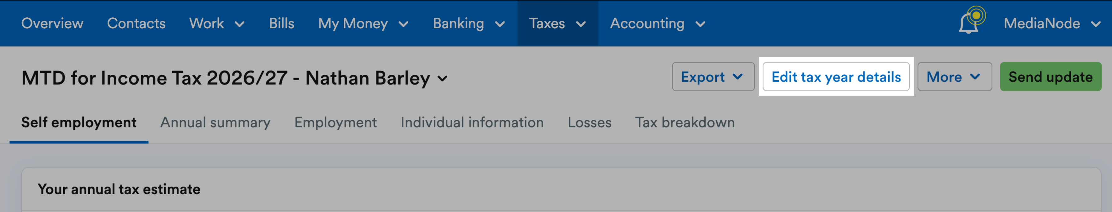 'Edit tax year details' button showing on MTD for Income Tax submission page, between 'Export' and 'More' buttons.