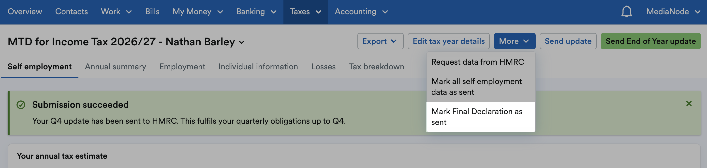 'Mark Final Declaration as sent' highlighted on 'More' drop-down menu on MTD for Income Tax submission page.