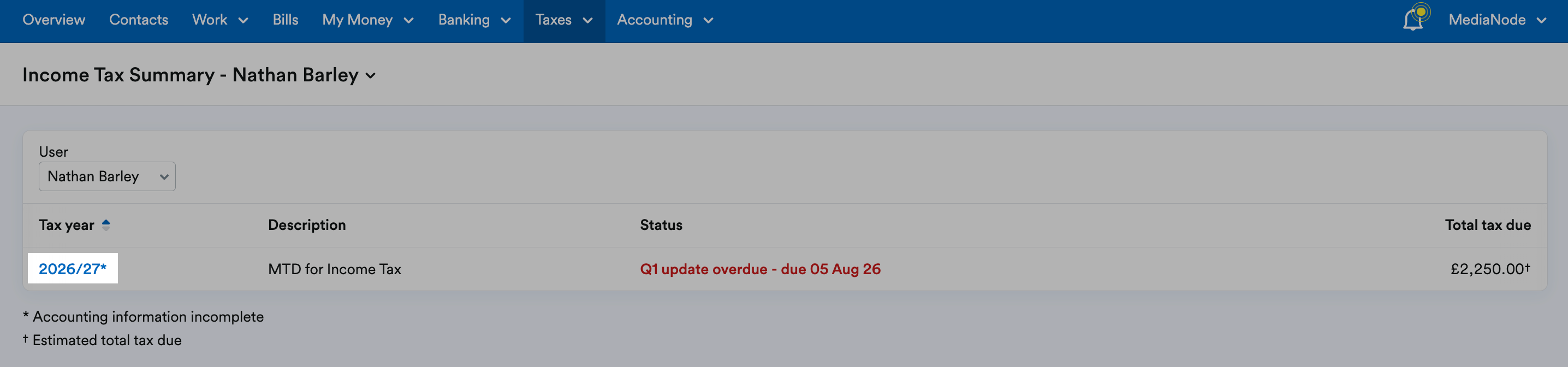 Tax year highlighted in table under 'Tax year' header on Income Tax Summary page.
