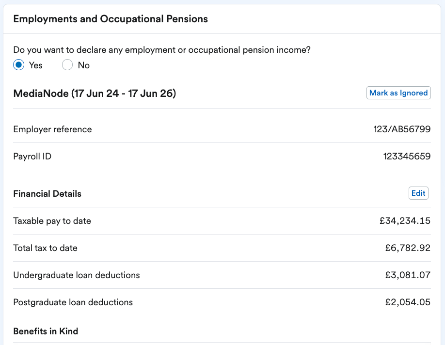 Employments and Occupational Pensions section with Financial Details automatically added by HMRC.