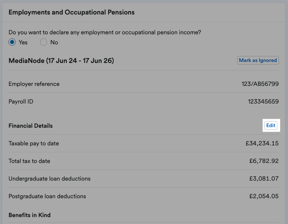 'Edit' button highlighted by Financial Details section within Employments and Occupational Pensions area.