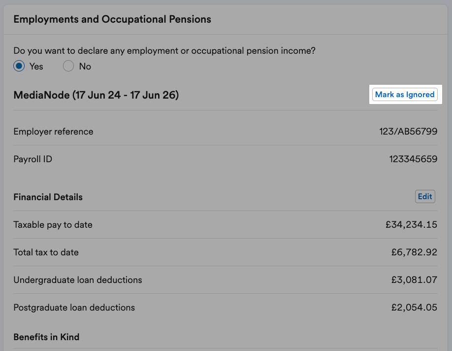 'Mark as Ignored' button highlighted next to listed employment data.