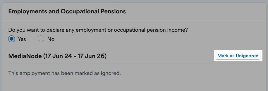 'Mark as Unignored' button highlighted next to listed employment data.