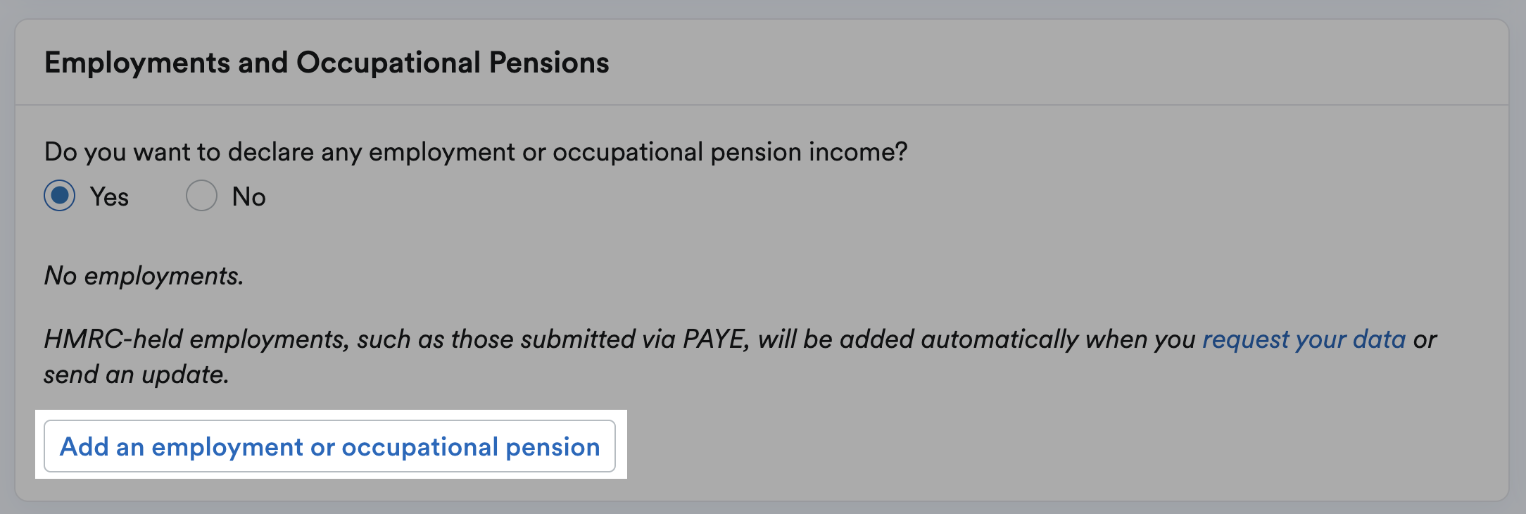 'Add an employment or occupational pension' button highlighted under the Employments and Occupational Pensions section.