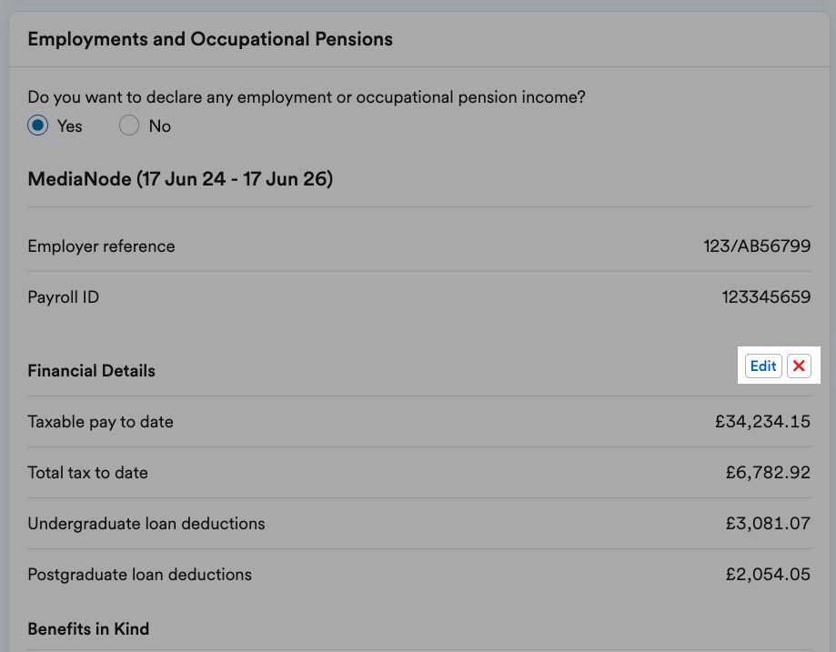 'Edit' and red cross ('X') buttons highlighted next to listed Financial Details.