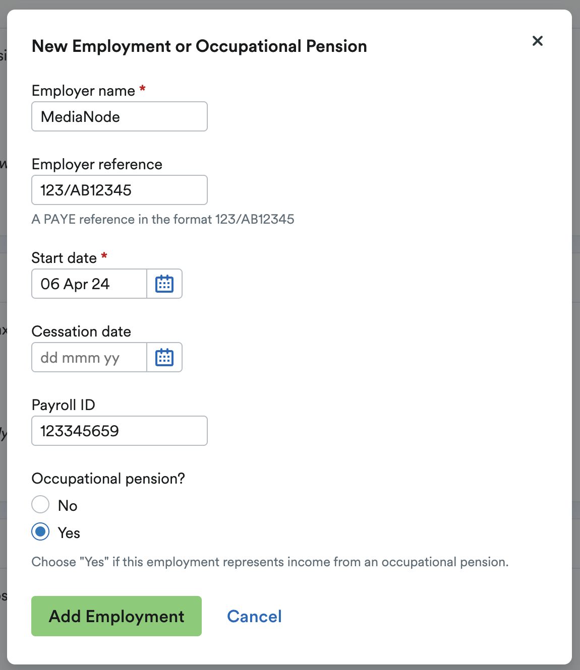 'New Employment or Occupational Pension' window with button to 'Add Employment'.