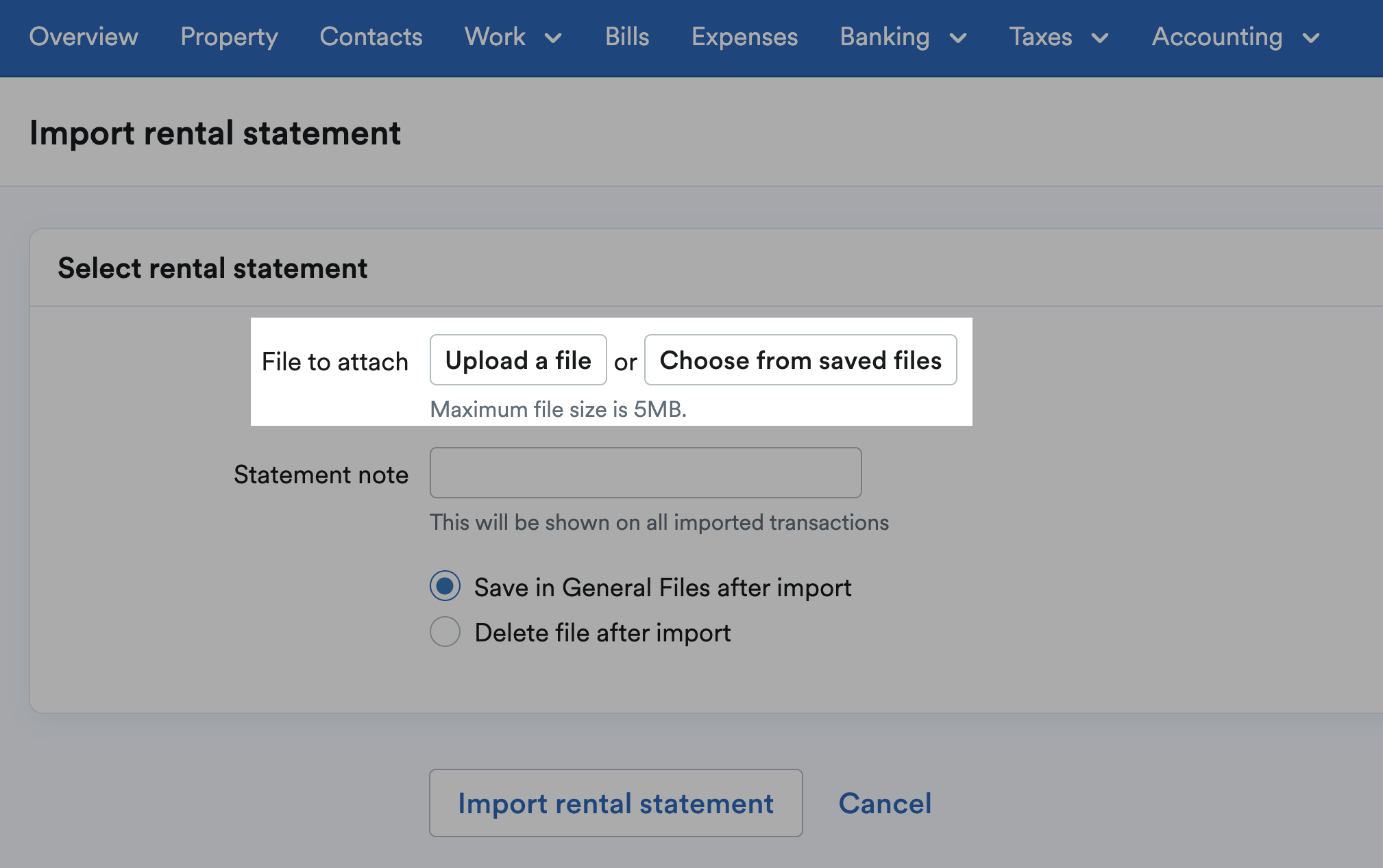 Options to 'Upload a file' or 'Choose from saved'.
