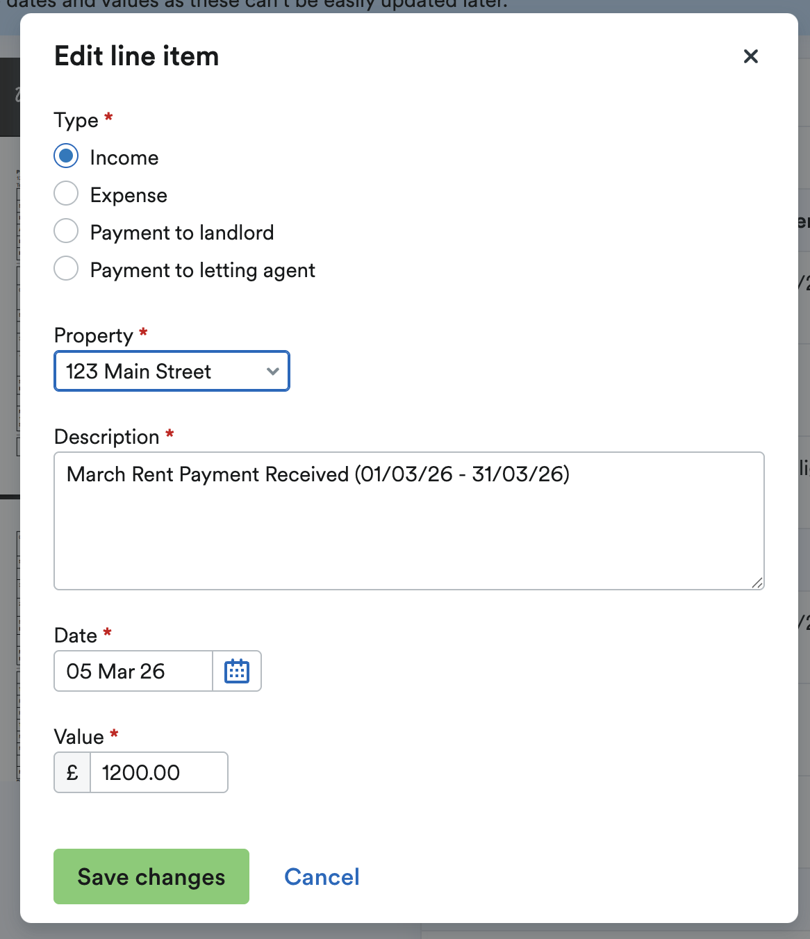 'Edit line item' pop up window with 'Save changes' button.