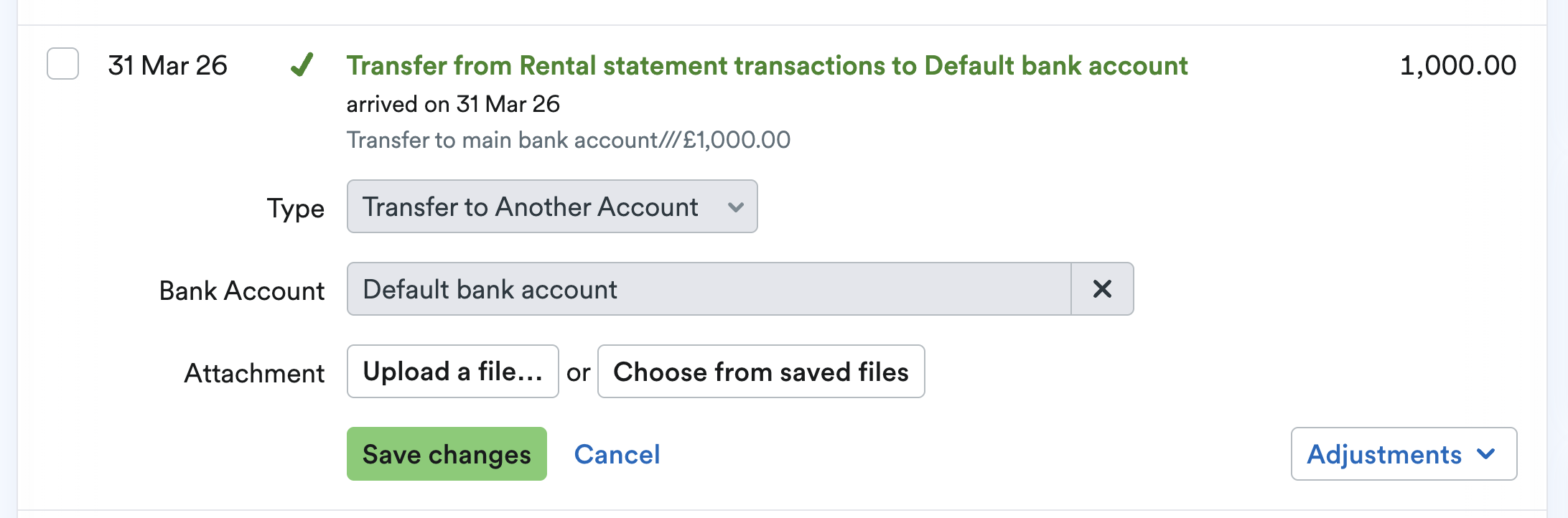 Transaction explained as a transfer to main bank account