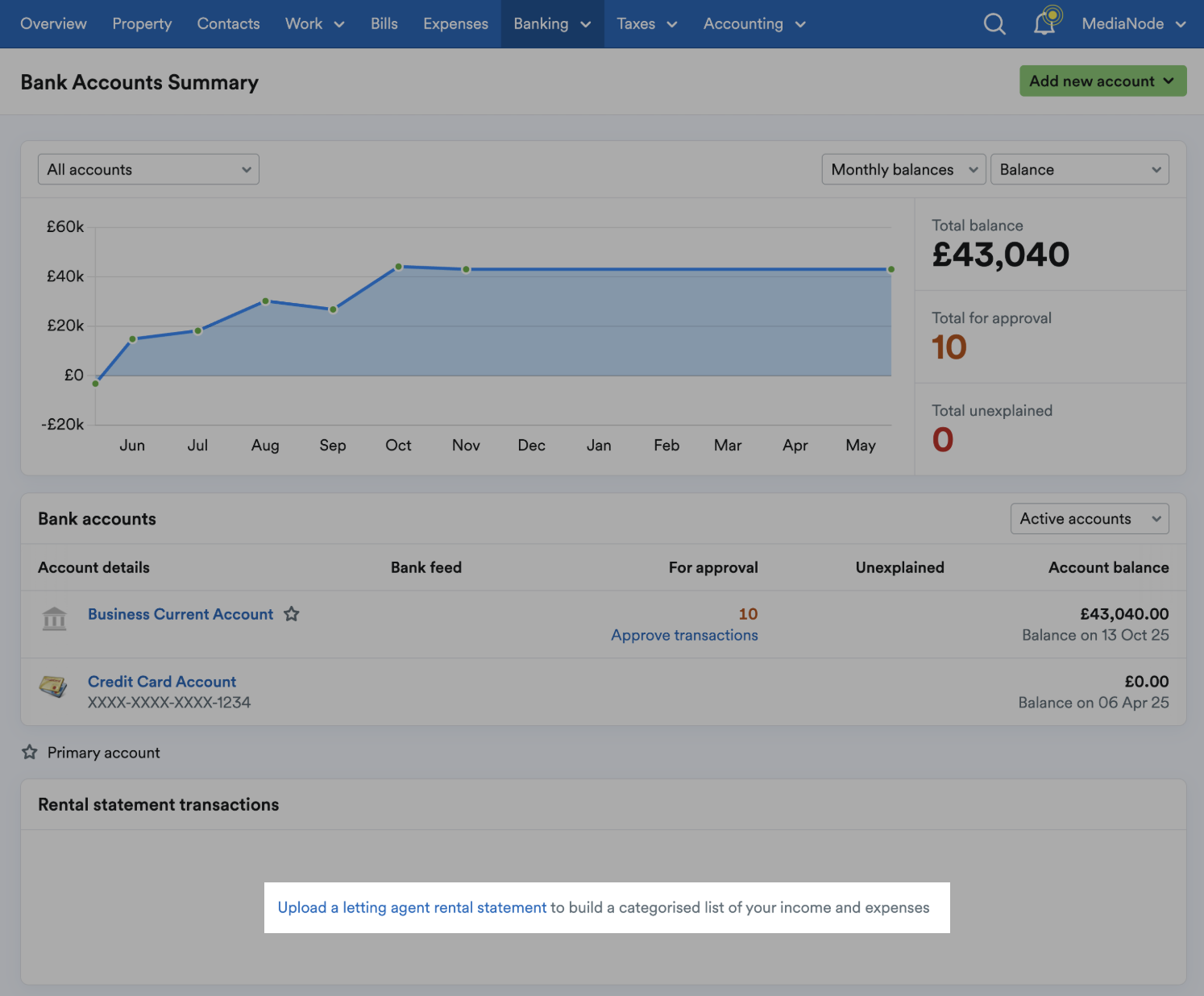 Upload a letting agent rental statement’ link highlighted in Rental statement transactions section
