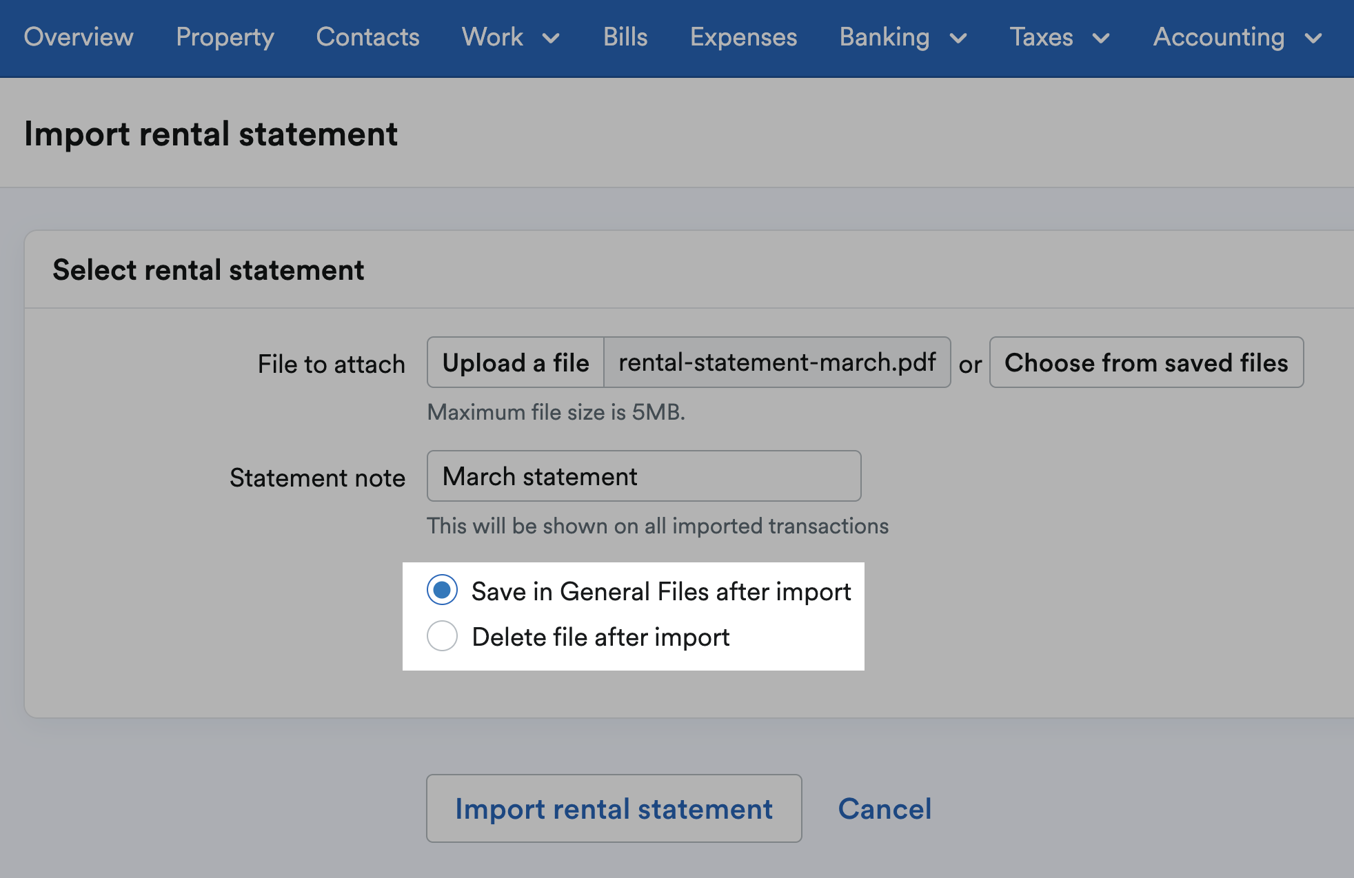 Options to 'Save in General Files after import' or 'Delete file after import'.