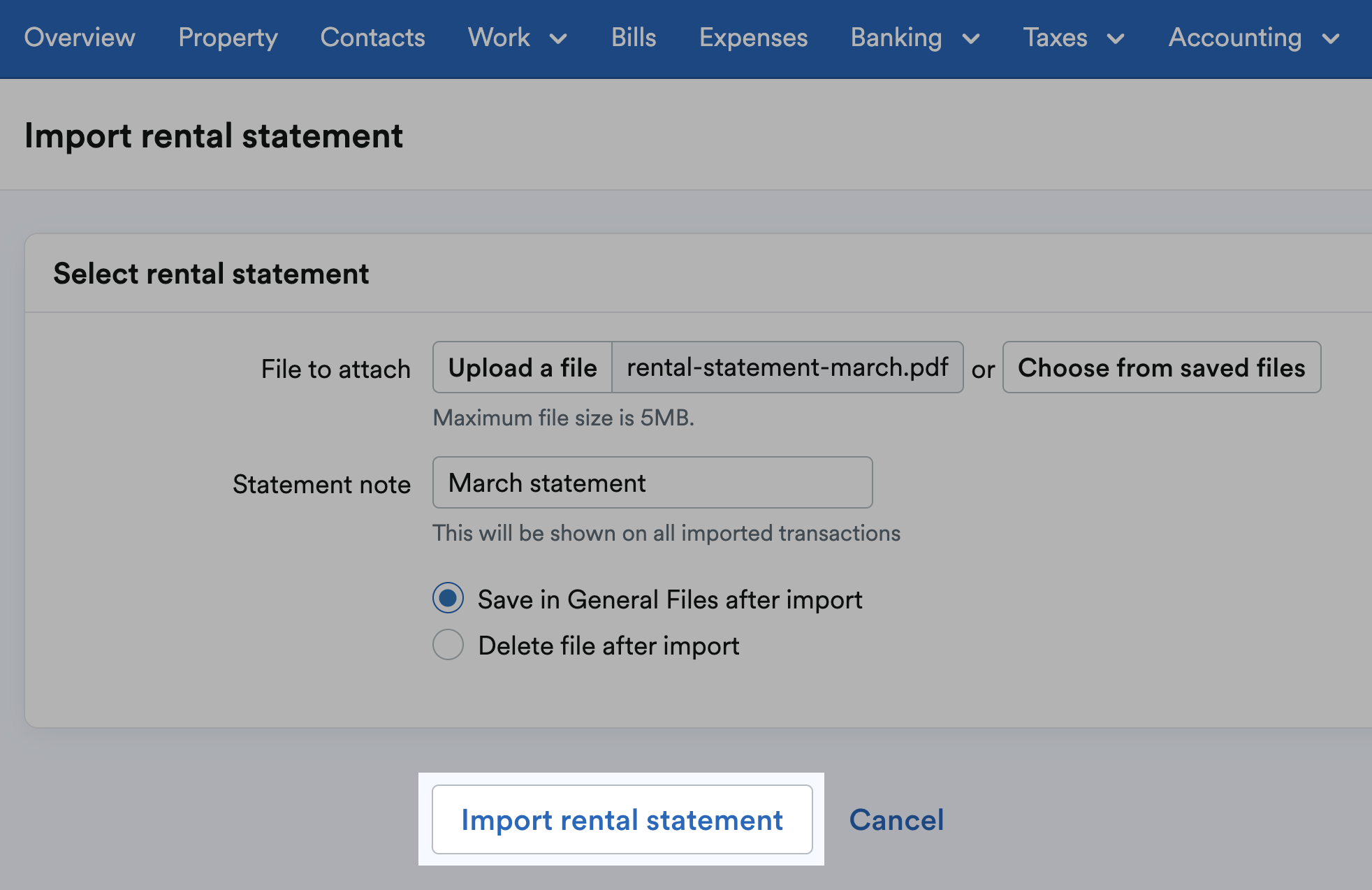 'Import rental statement' button highlighted at bottom of Import rental statement page.