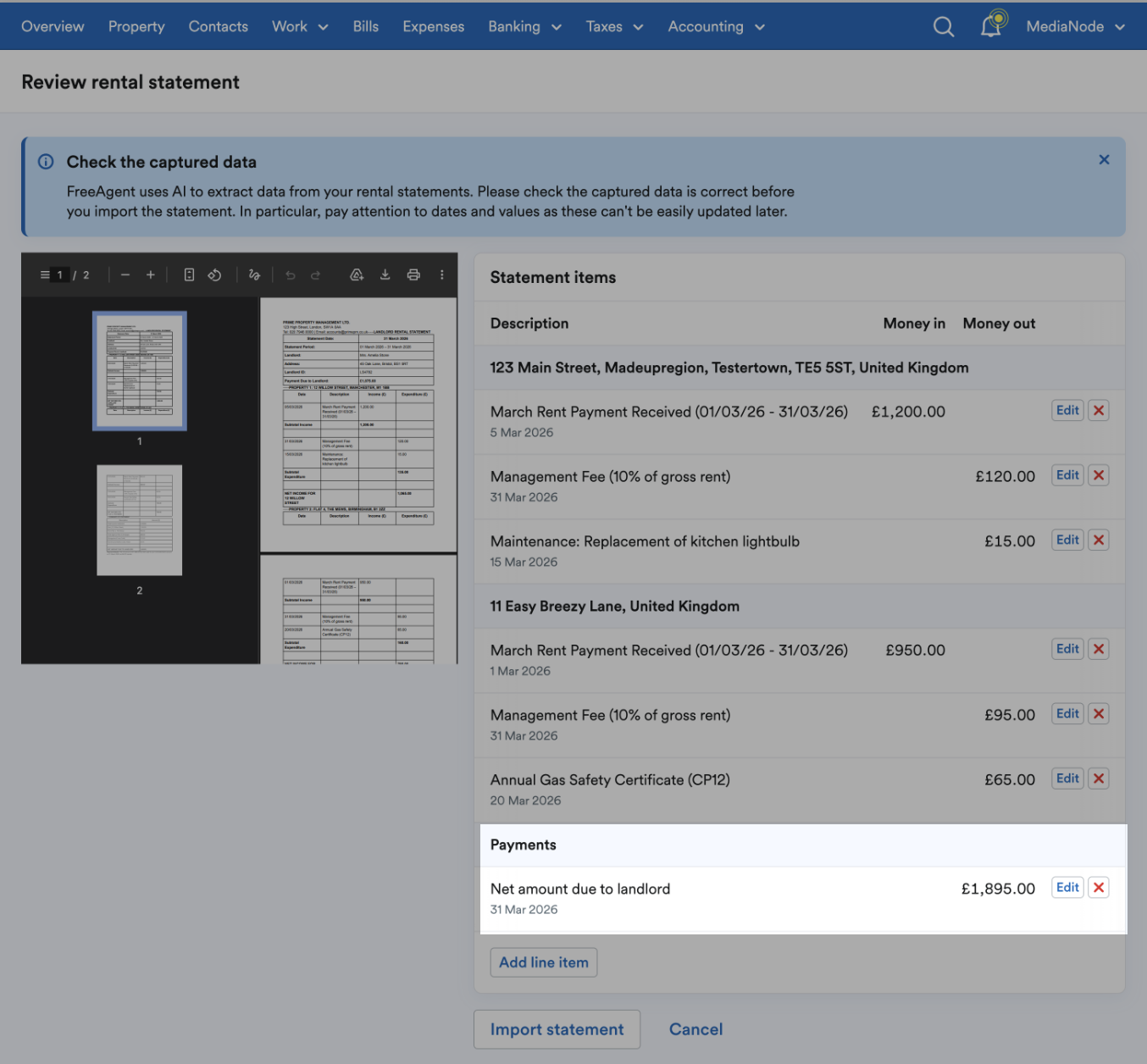 Line items listed under 'Payments' section.