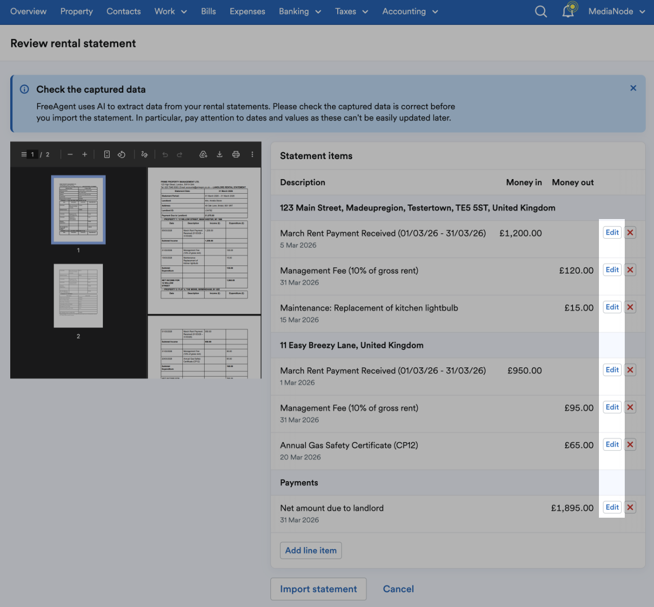 'Edit' buttons highlighted next to listed line items.