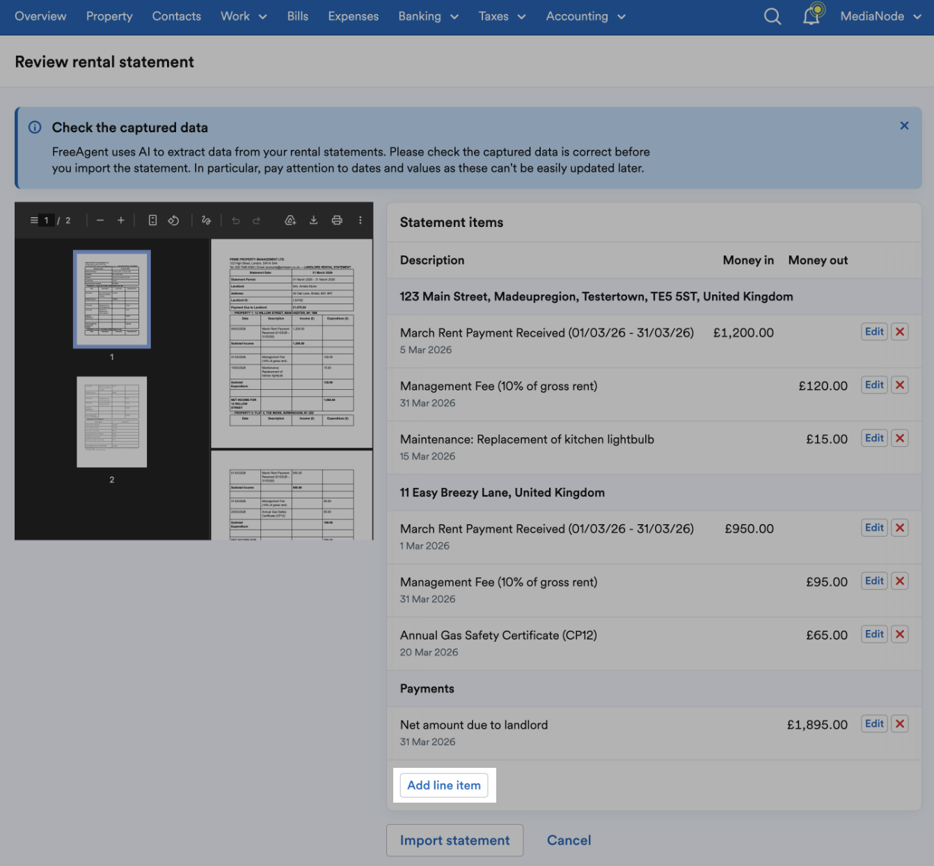 'Add line item' button beneath listed line items.