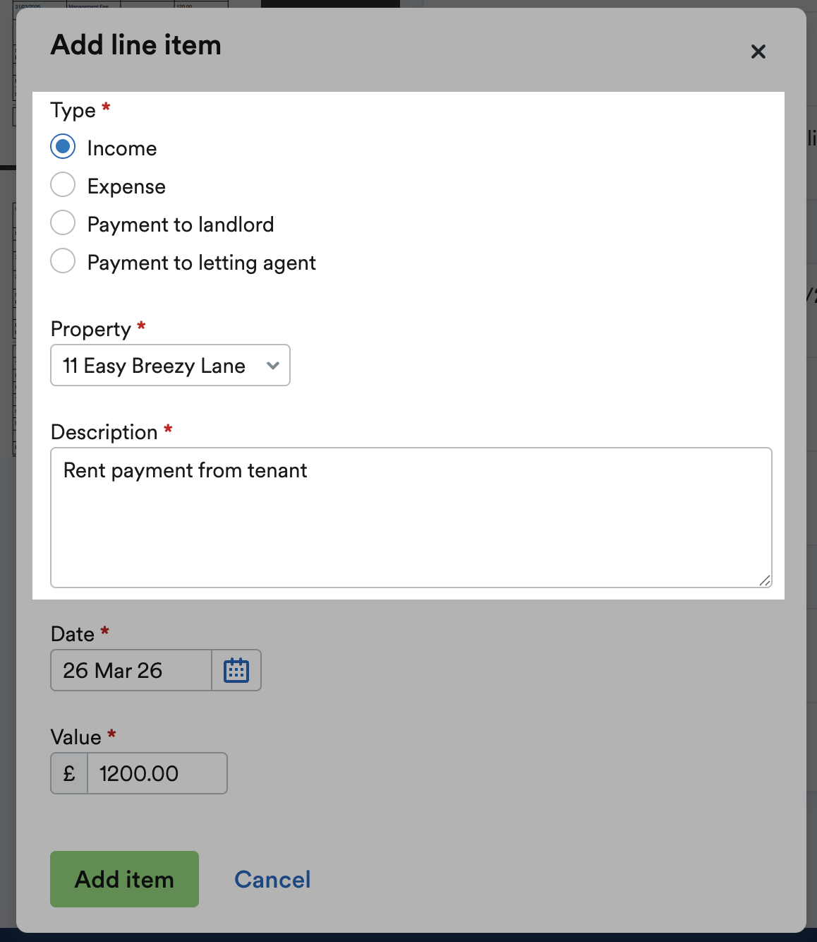 'Type', 'Property' and 'Description' fields in 'Add line item' pop up window.