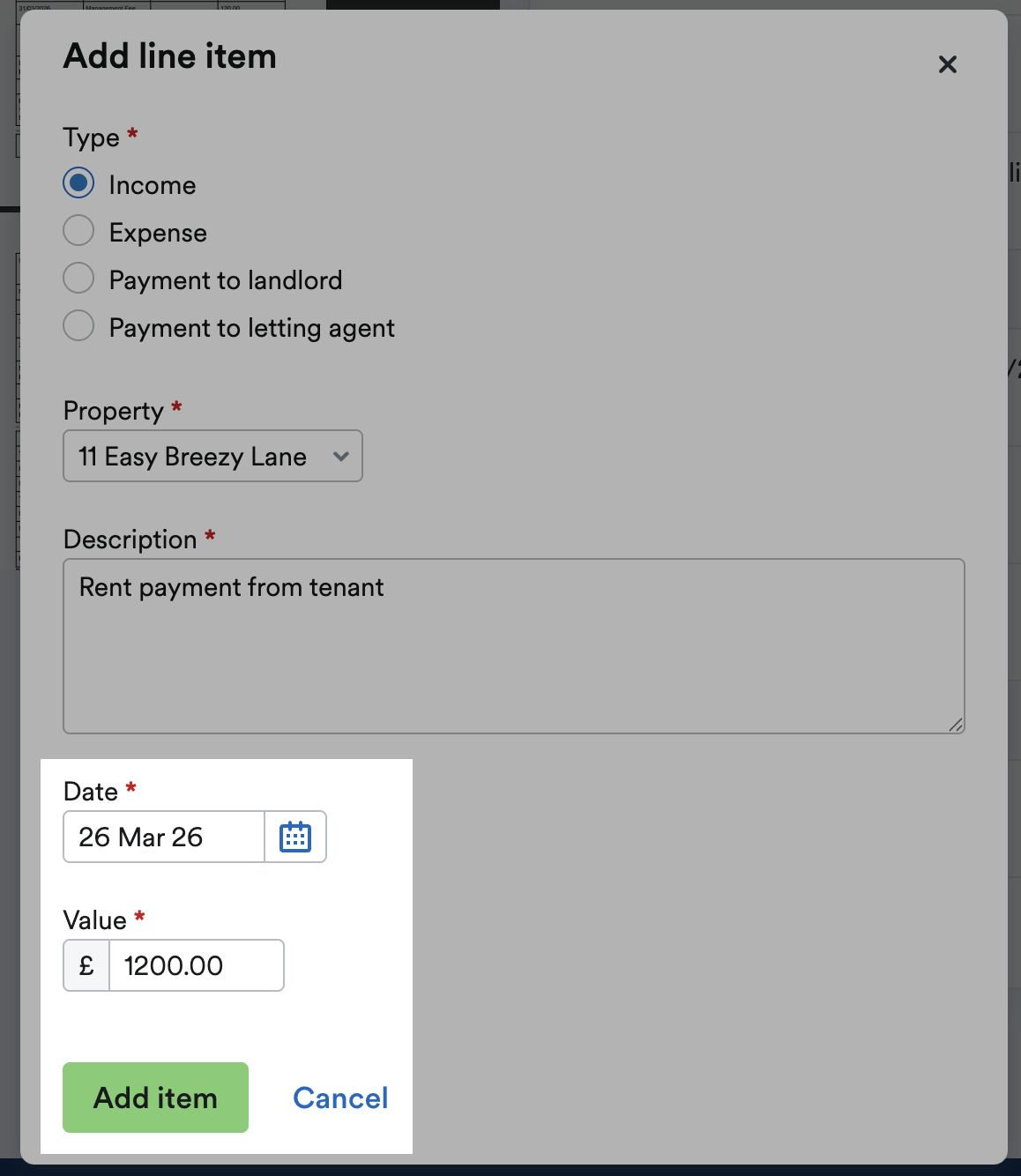 'Date' and 'Value' fields with 'Add item' button.