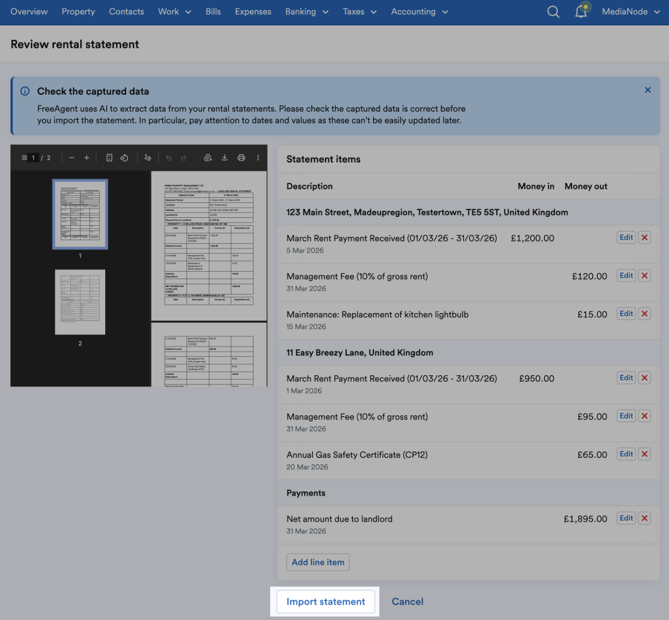 'Import statement' button highlighted at bottom of Review rental statement page.
