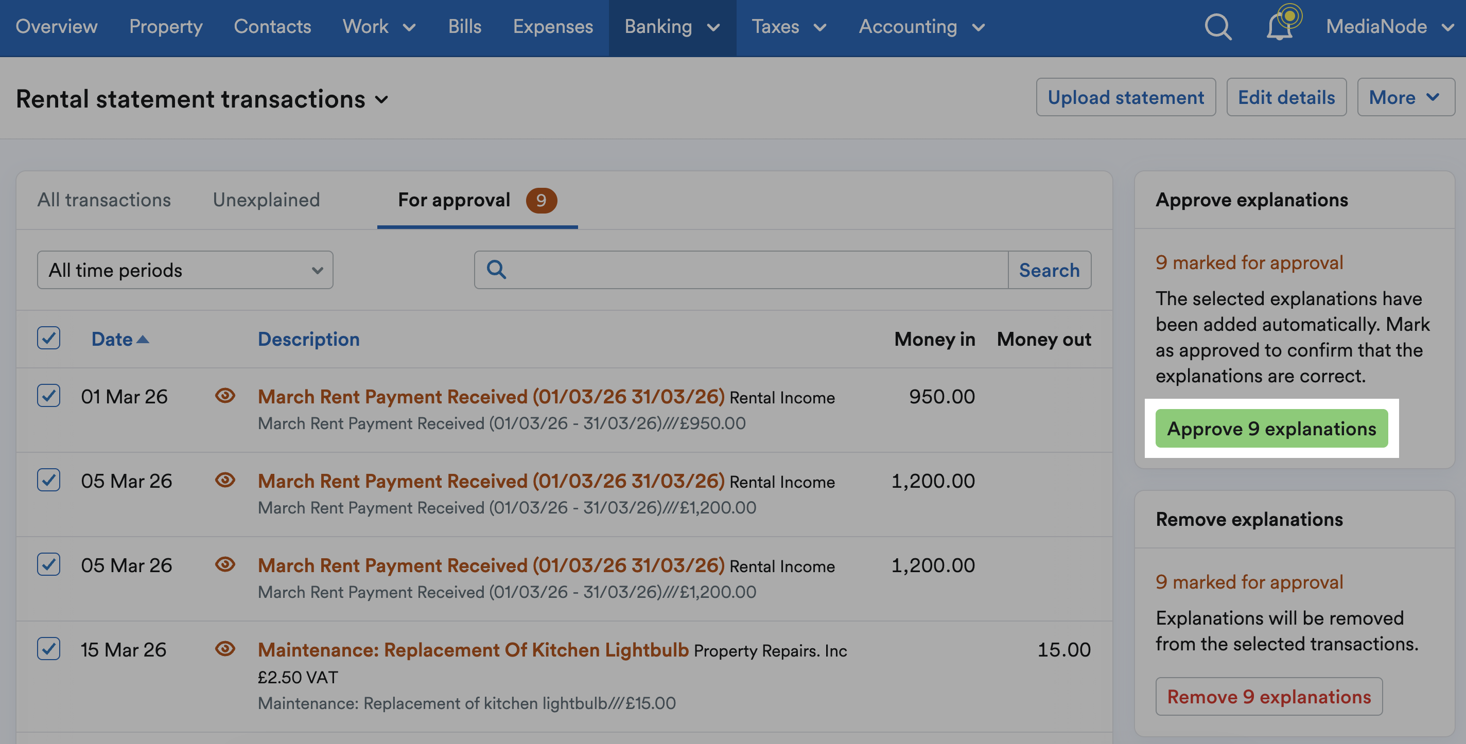Rental statement transactions being approved