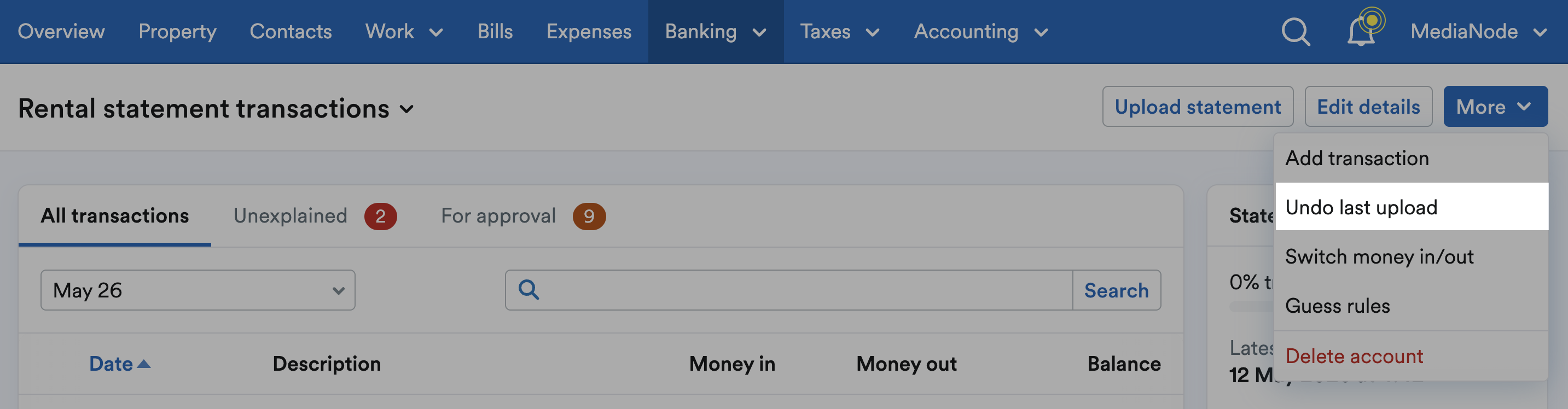 'Undo last upload' highlighted on 'More' drop-down menu.