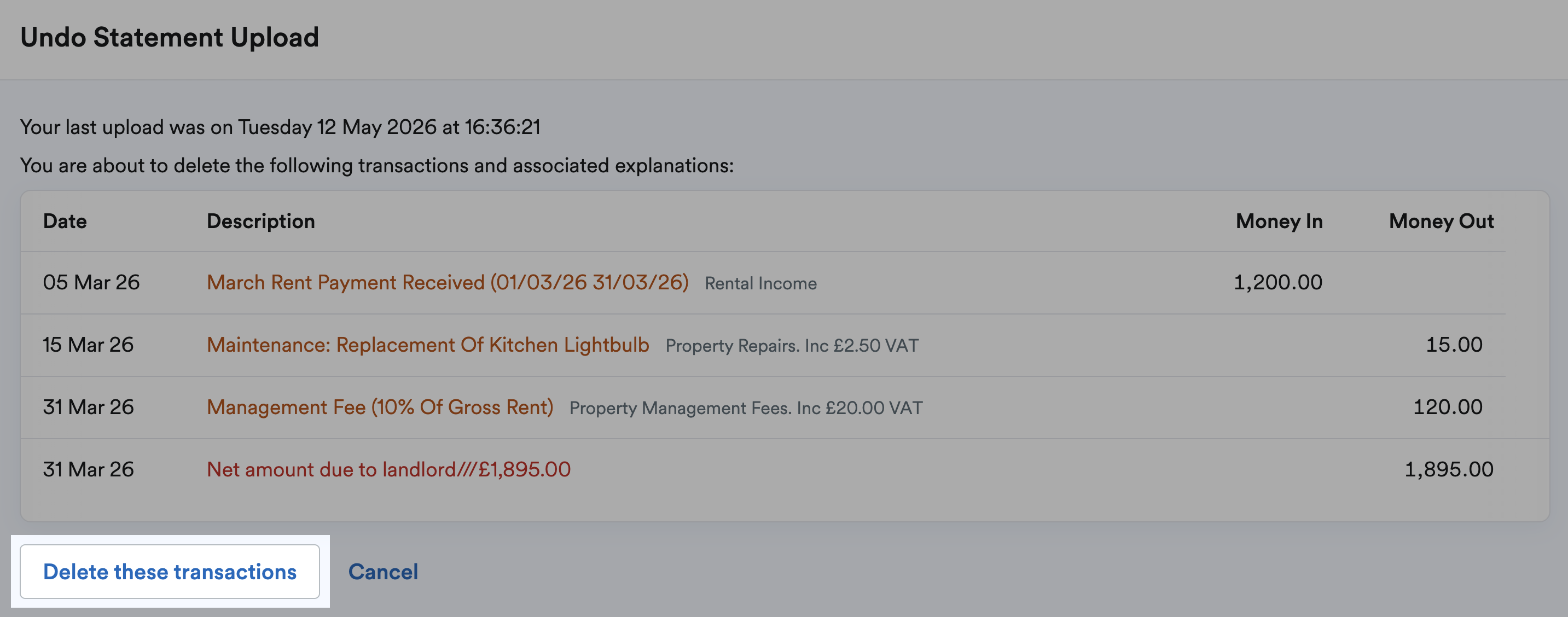 'Delete these transactions' button highlighted at bottom of 'Undo Statement Upload' page.