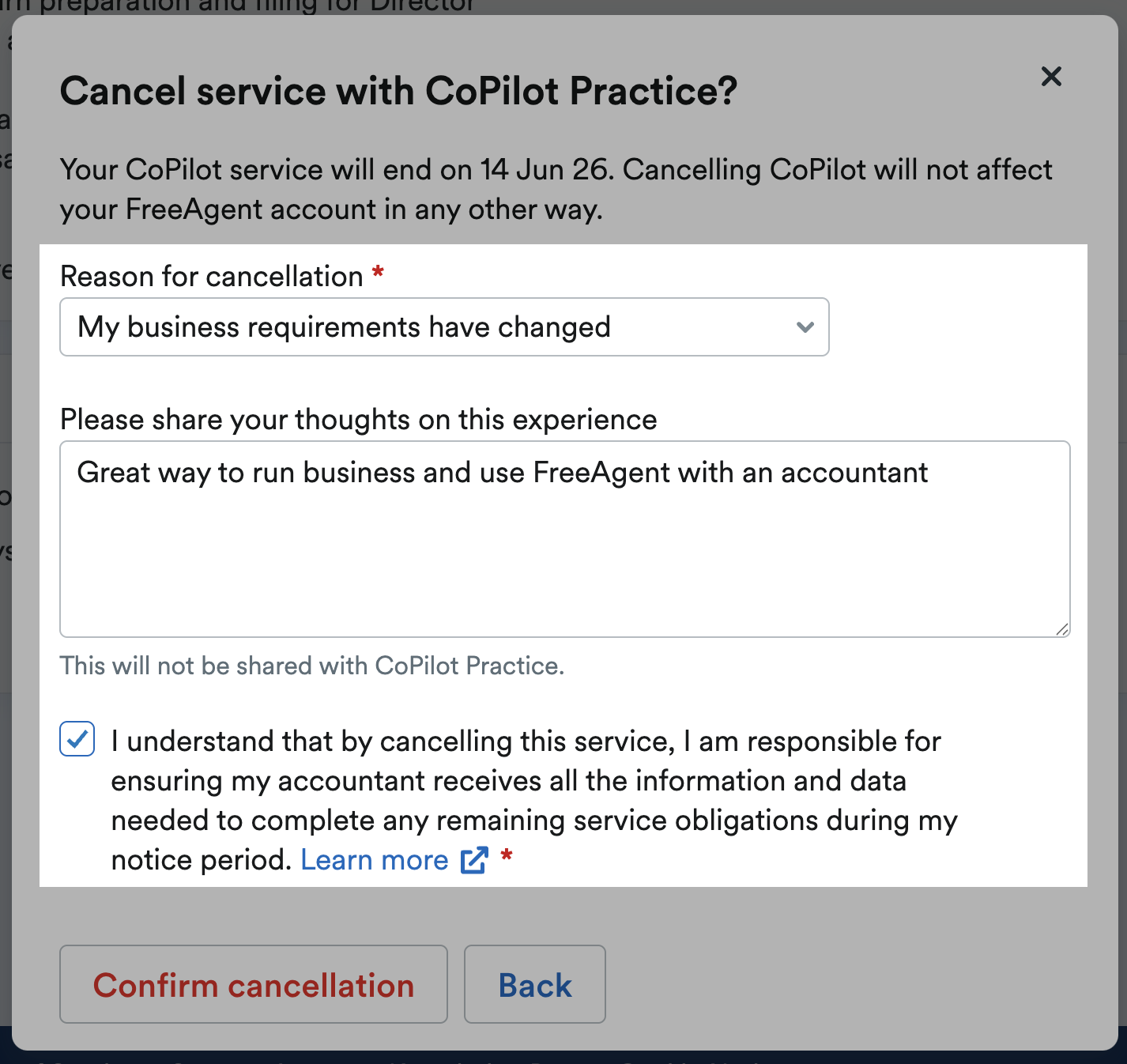 Reason for cancelling, thoughts on experience and confirmation box highlighted