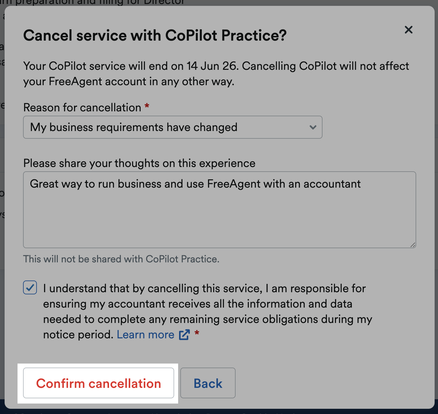 Confirm cancellation button highlighted