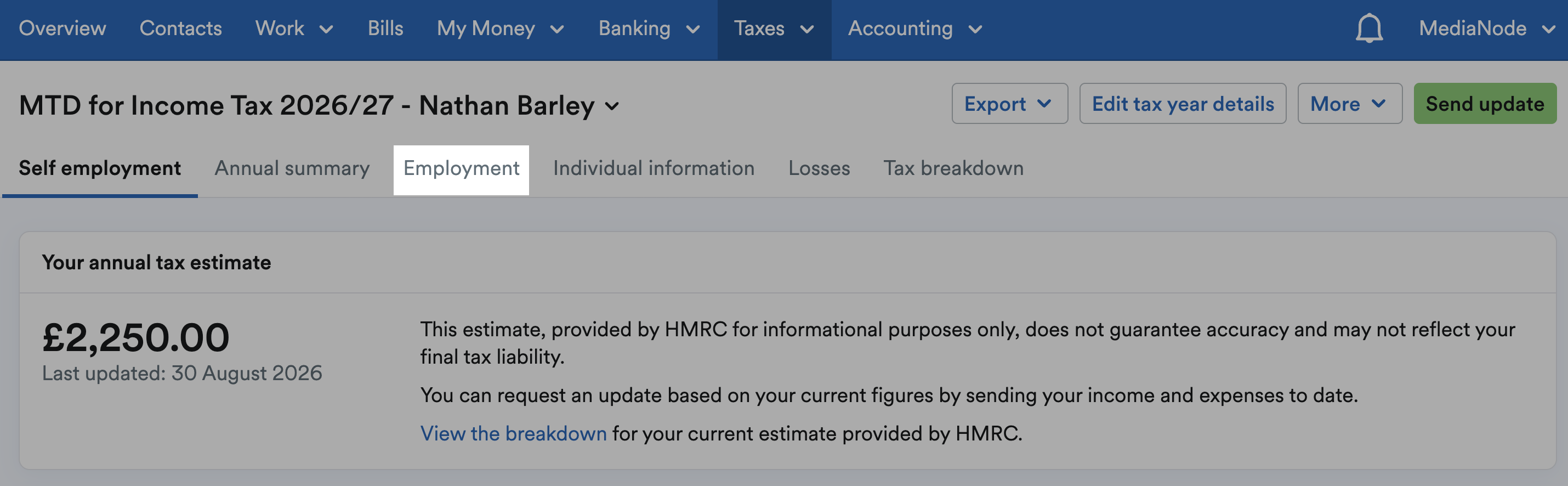 'Employment' tab highlighted on MTD for Income Tax submission page.