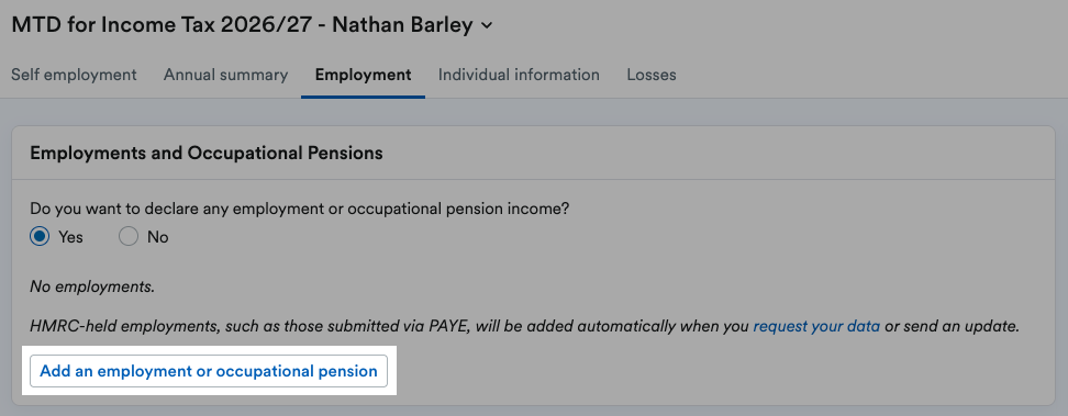 'Add an employment or occupational pension' button highlighted in Employments and Occupational Pensions section.