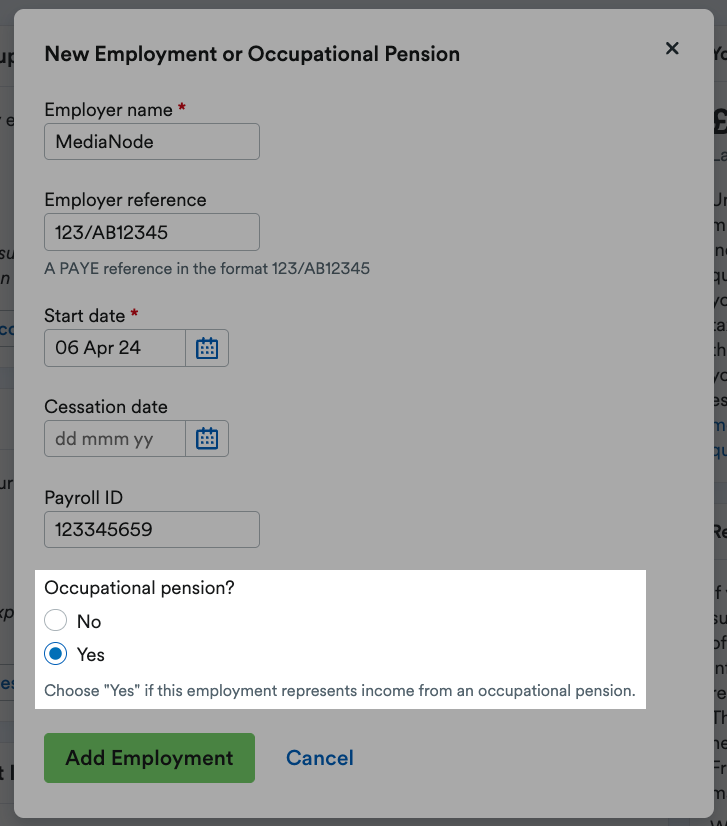 'Yes' option selected under 'Occupation pension?' question.