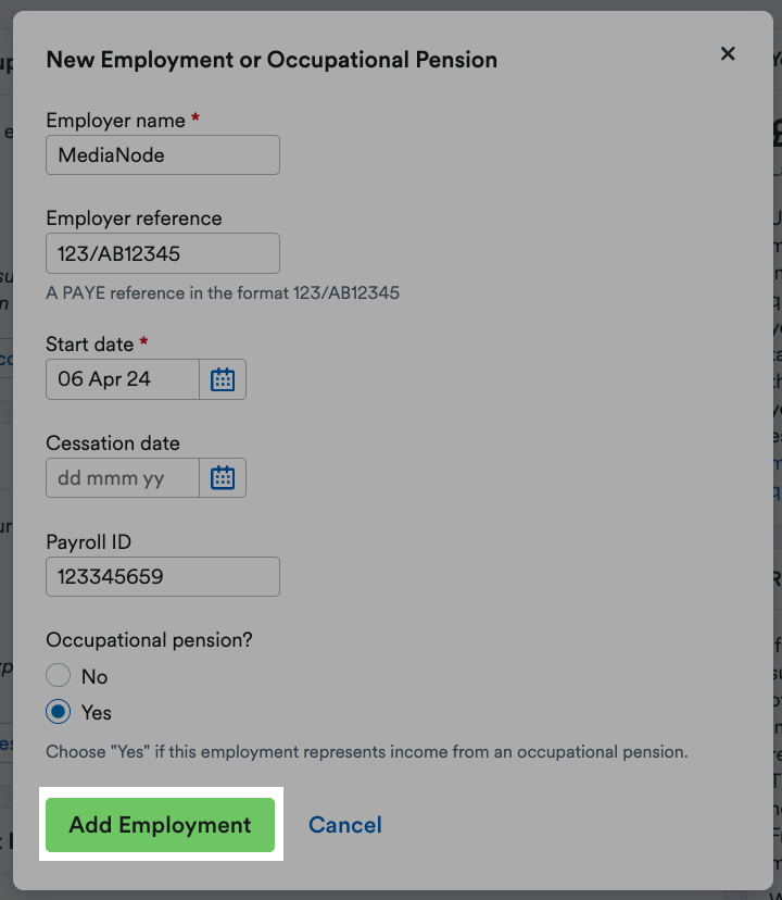 'Add Employment' button highlighted in 'New Employment or Occupational Pension' window.