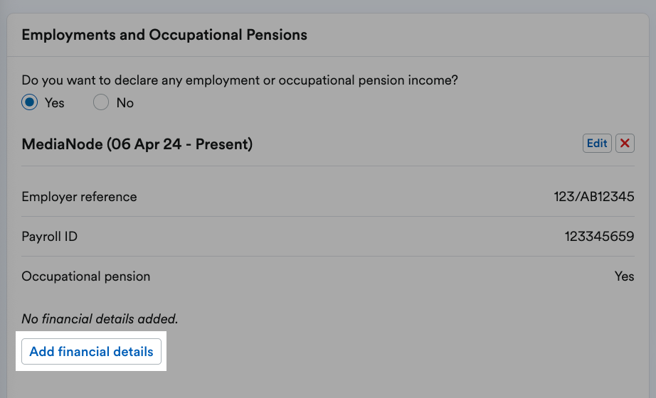 'Add financial details' button highlighted in Employments and Occupational Pensions section.