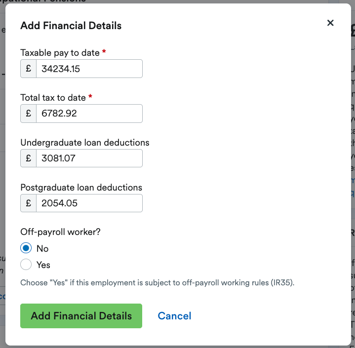 'Add Financial Details' window with 'Add Financial Details' button.