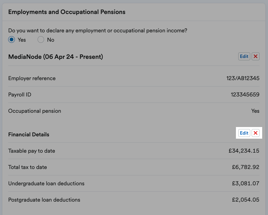 'Edit' and red cross ('X') buttons highlighted next to listed Financial Details.