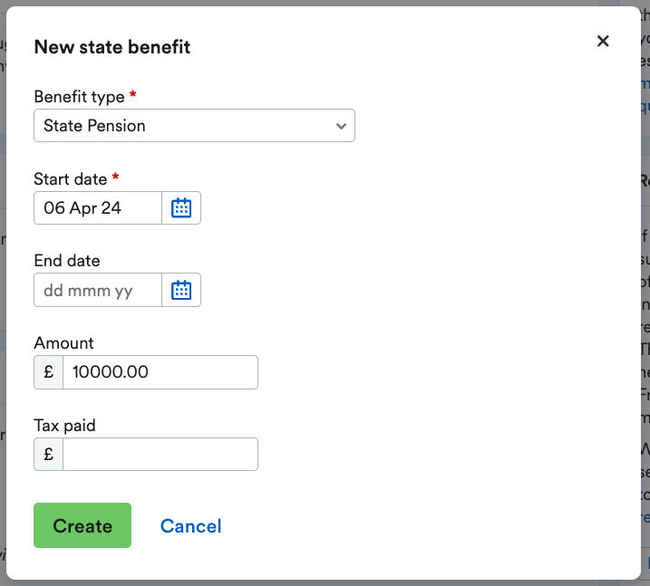 'New state benefit' window with a 'Create' button.