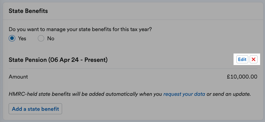 'Edit' and red cross ('X') buttons highlighted next to listed State Pension.