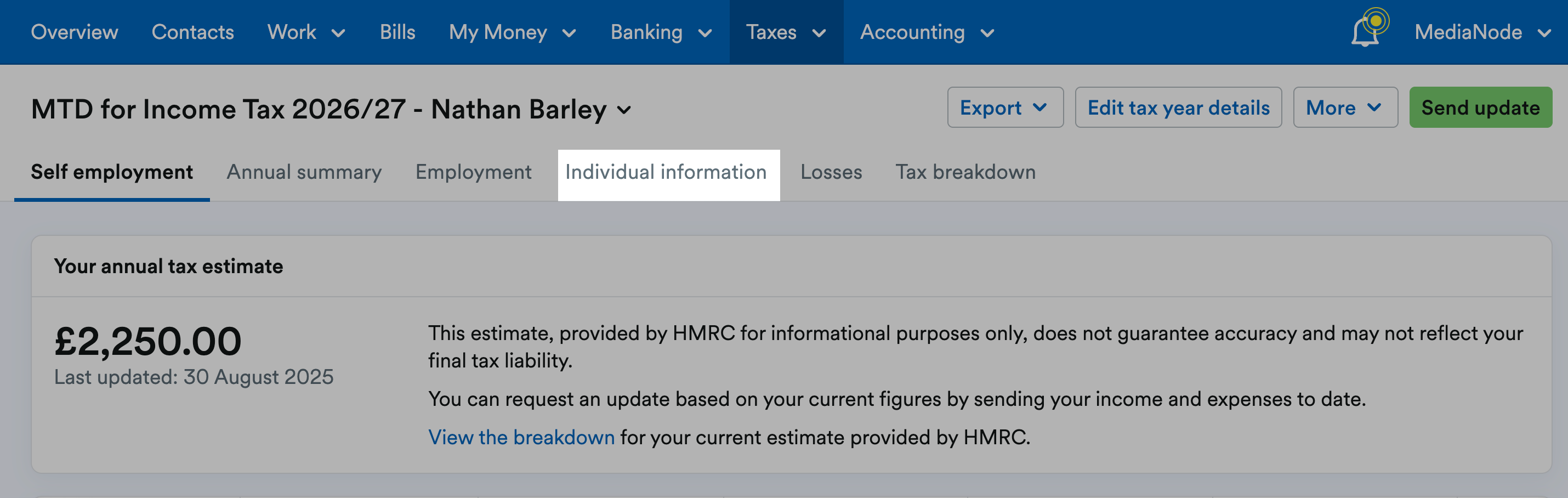 'Individual information' tab highlighted on MTD for Income Tax submission page.