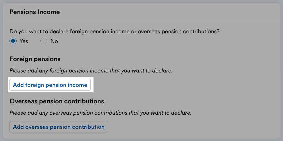 'Add foreign pension income' button highlighted in Pensions Income section.