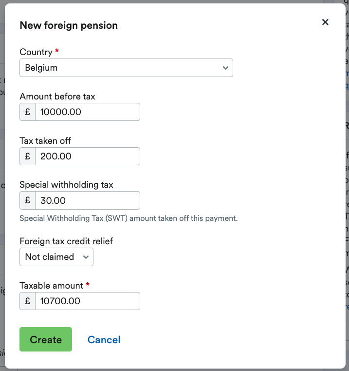 'New foreign pension' window with a 'Create' button.