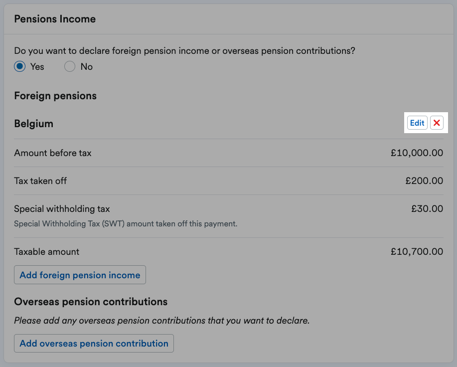 'Edit' and red cross ('X') buttons highlighted next to listed Foreign pensions.